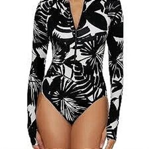 Trina Turk Lennox Rash Guard Swimsuit Black White Leaf Long Sleeve Zip One Piece